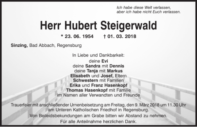  Traueranzeige für Hubert Steigerwald vom 06.03.2018 aus Mittelbayerische Zeitung Regensburg