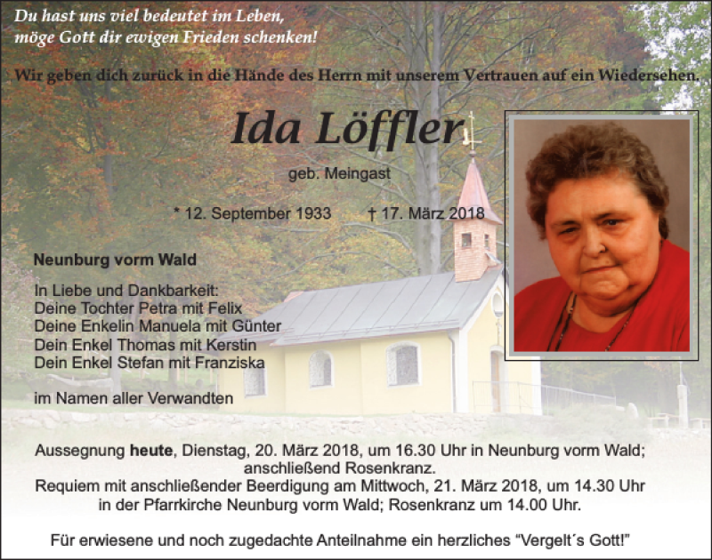  Traueranzeige für Ida Löffler vom 20.03.2018 aus Mittelbayerische Zeitung Schwandorf