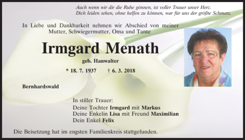  Traueranzeige für Irmgard Menath vom 14.03.2018 aus Mittelbayerische Zeitung Regensburg