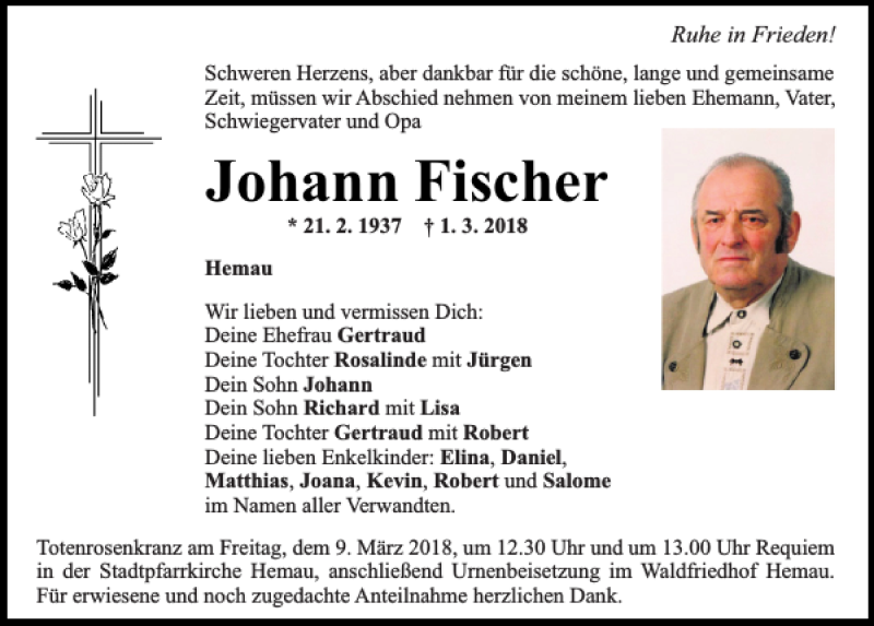  Traueranzeige für Johann Fischer vom 06.03.2018 aus Mittelbayerische Zeitung Regensburg