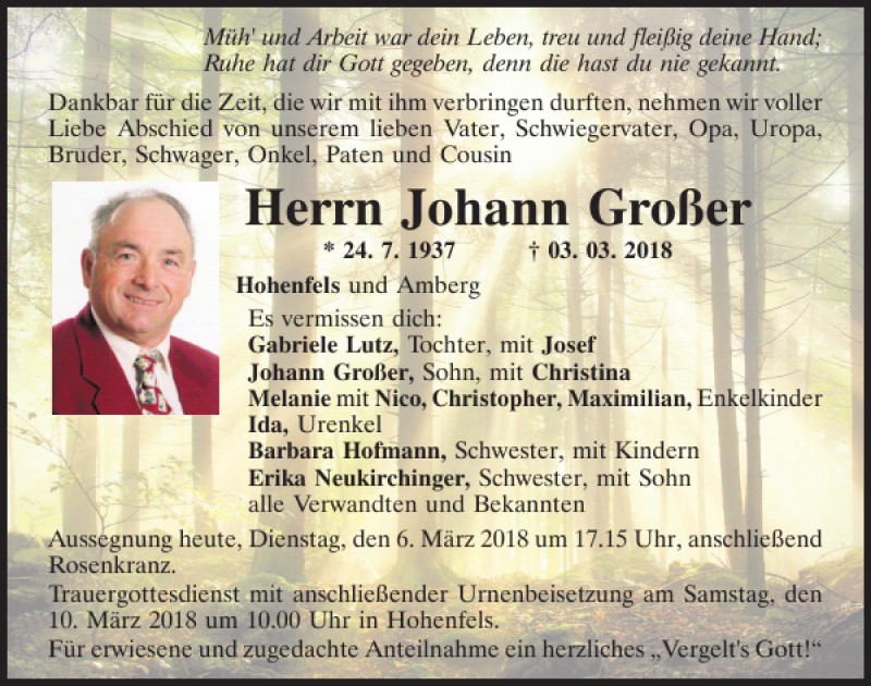  Traueranzeige für Johann Großer vom 06.03.2018 aus Neumarkter Tagblatt