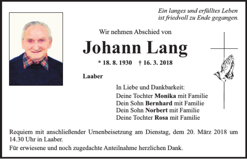  Traueranzeige für Johann Lang vom 19.03.2018 aus Mittelbayerische Zeitung Regensburg