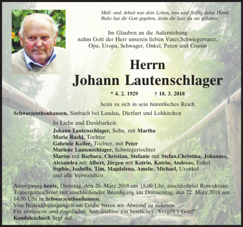  Traueranzeige für Johann Lautenschlager vom 20.03.2018 aus Mittelbayerische Zeitung Regensburg