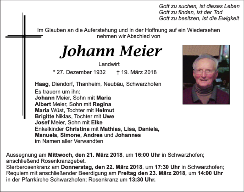  Traueranzeige für Johann Meier vom 20.03.2018 aus Mittelbayerische Zeitung Schwandorf