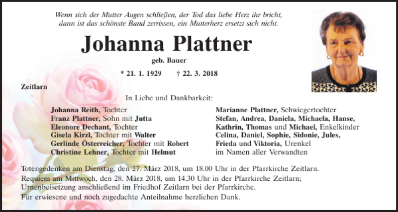  Traueranzeige für Johanna Plattner vom 24.03.2018 aus Mittelbayerische Zeitung Regensburg