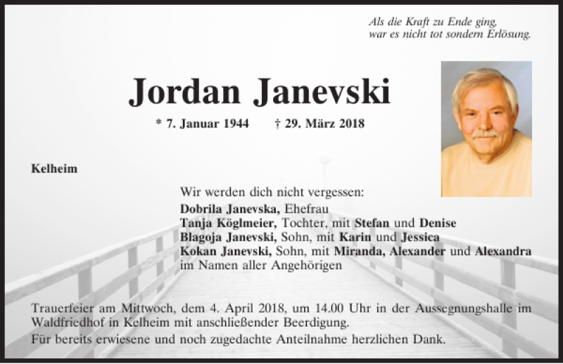  Traueranzeige für Jordan Janevski vom 31.03.2018 aus Mittelbayerische Zeitung Kelheim