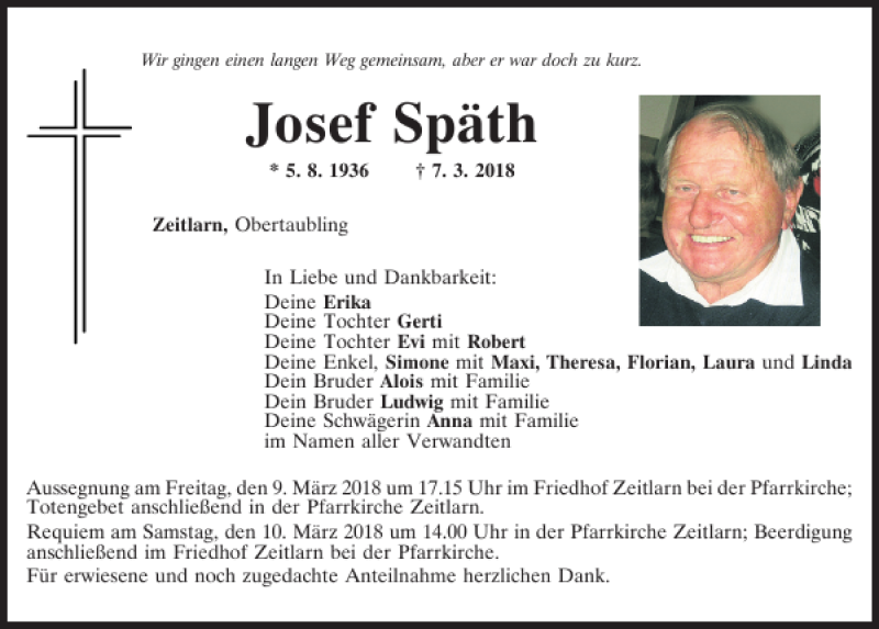  Traueranzeige für Josef Späth vom 08.03.2018 aus Mittelbayerische Zeitung Regensburg