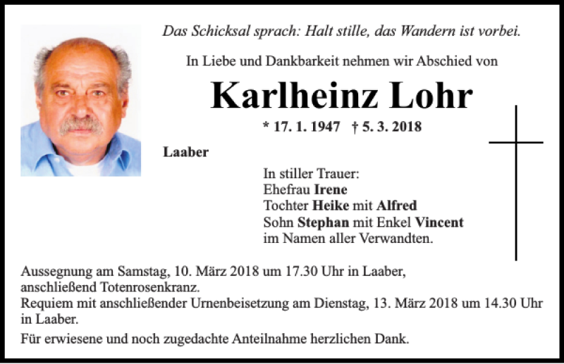  Traueranzeige für Karlheinz Lohr vom 08.03.2018 aus Mittelbayerische Zeitung Regensburg