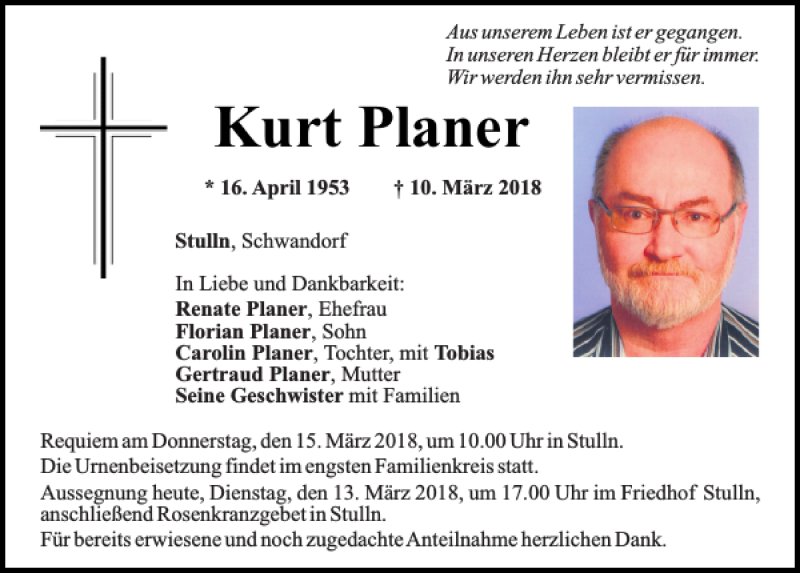  Traueranzeige für Kurt Planer vom 13.03.2018 aus Mittelbayerische Zeitung Schwandorf