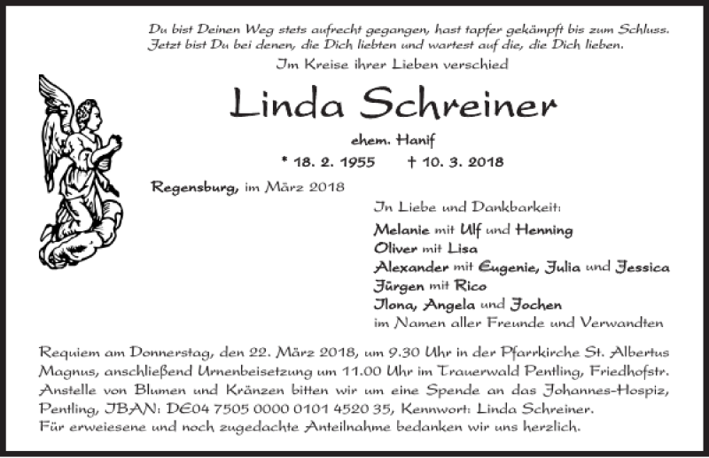  Traueranzeige für Linda Schreiner vom 20.03.2018 aus Mittelbayerische Zeitung Regensburg