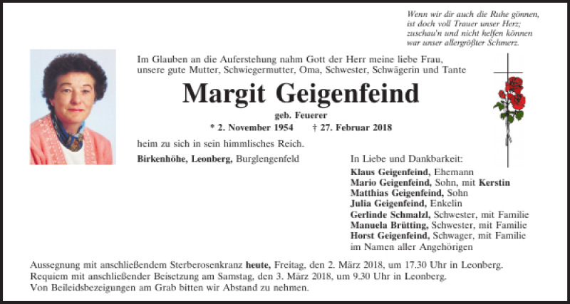  Traueranzeige für Margit Geigenfeind vom 02.03.2018 aus Mittelbayerische Zeitung Schwandorf