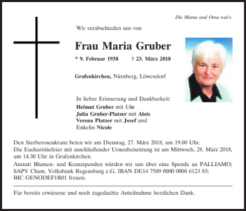 Traueranzeigen von Maria Gruber | Mittelbayerische Trauer