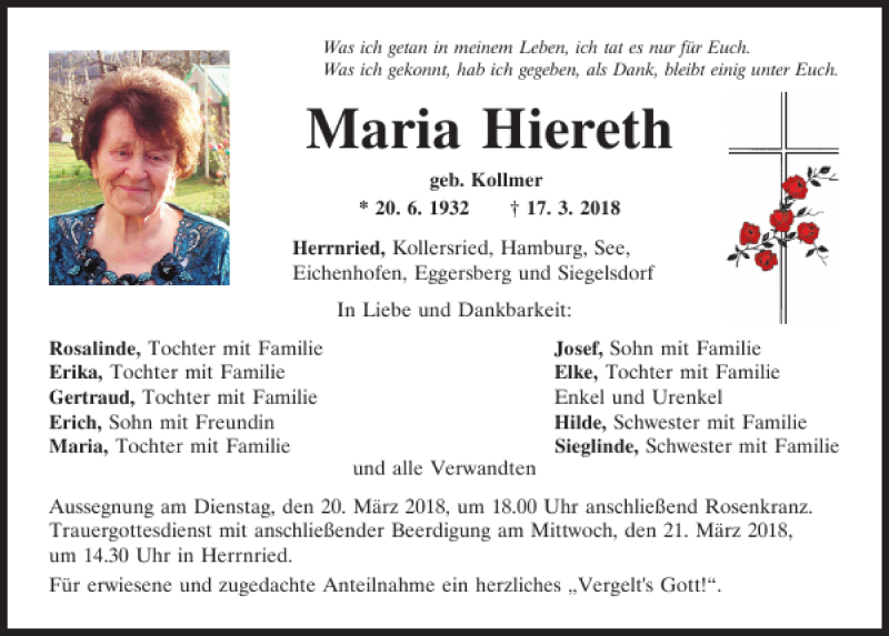  Traueranzeige für Maria Hiereth vom 19.03.2018 aus Mittelbayerische Zeitung Regensburg