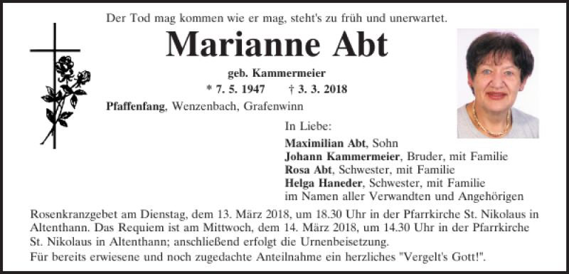  Traueranzeige für Marianne Abt vom 10.03.2018 aus Mittelbayerische Zeitung Regensburg