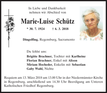 Traueranzeige von Marie-Luise Schütz von Mittelbayerische Zeitung Regensburg