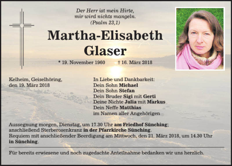  Traueranzeige für Martha-Elisabeth Glaser vom 19.03.2018 aus Mittelbayerische Zeitung Kelheim