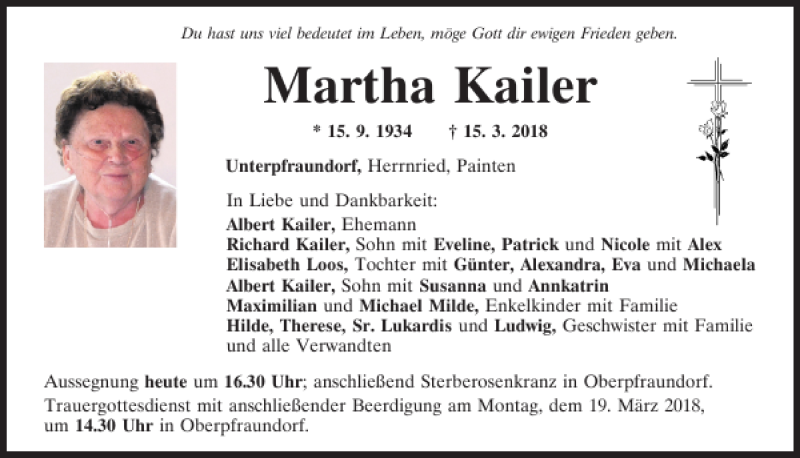  Traueranzeige für Martha Kailer vom 17.03.2018 aus Mittelbayerische Zeitung Regensburg