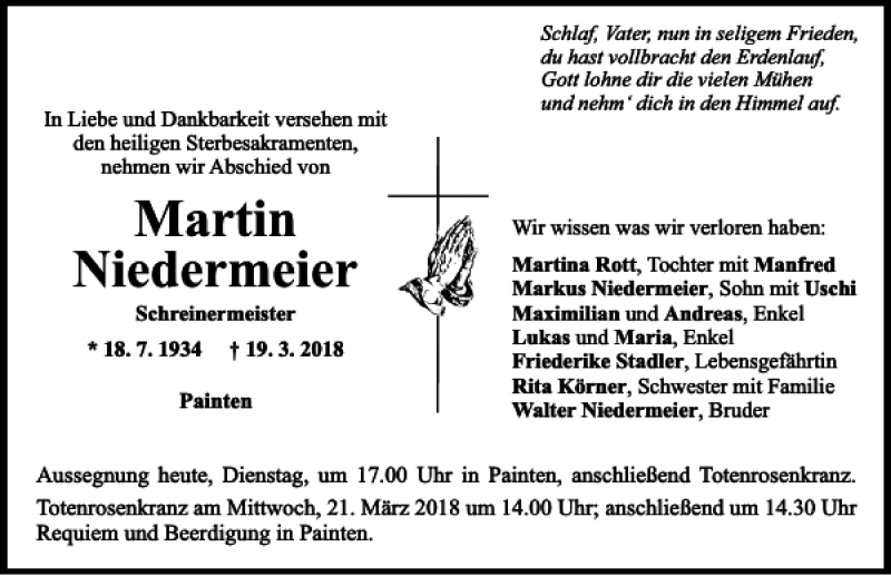  Traueranzeige für Martin Niedermeier vom 20.03.2018 aus Mittelbayerische Zeitung Regensburg