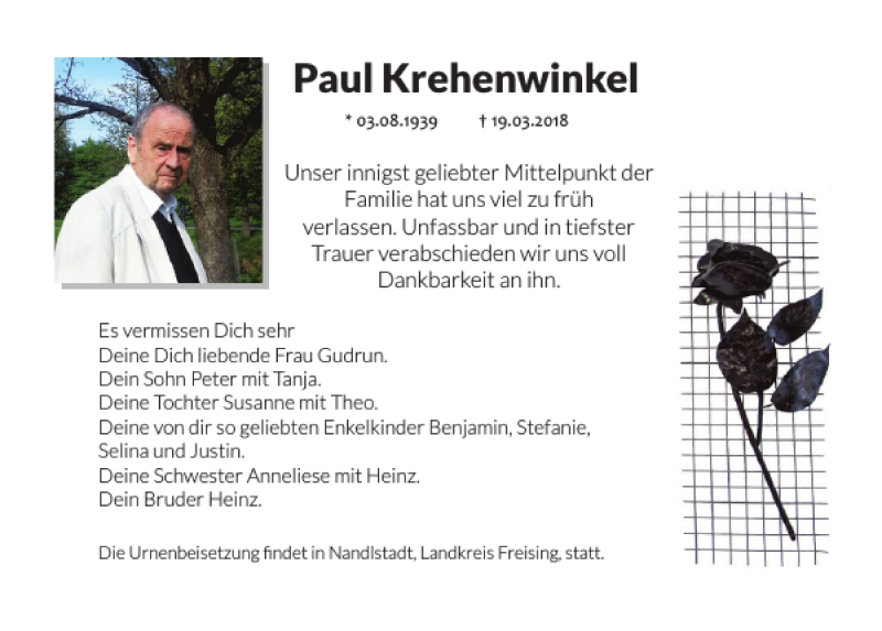  Traueranzeige für Paul Krehenwinkel vom 23.03.2018 aus Neumarkter Tagblatt