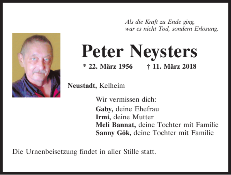  Traueranzeige für Peter Neysters vom 13.03.2018 aus Mittelbayerische Zeitung Kelheim