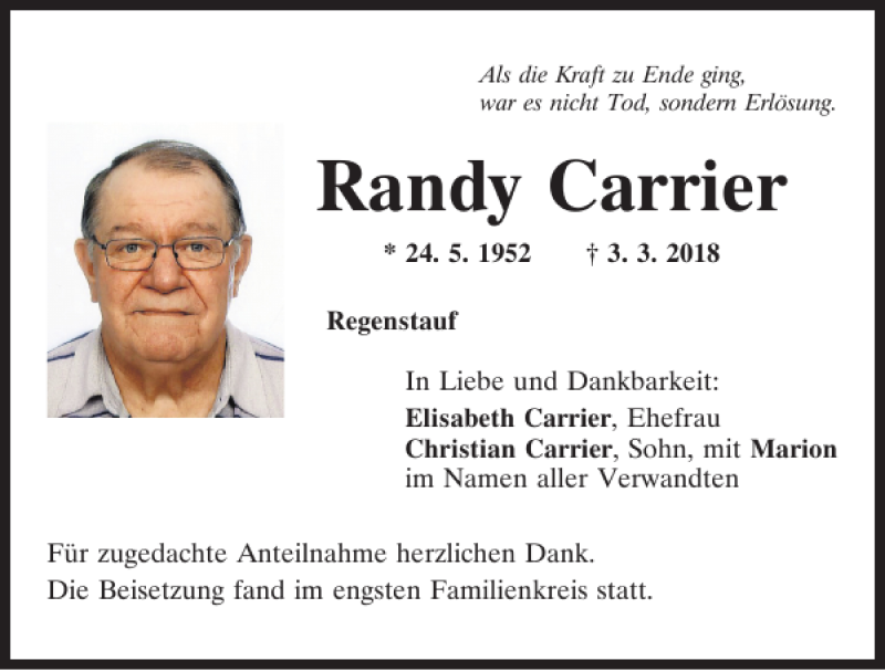  Traueranzeige für Randy Carrier vom 10.03.2018 aus Mittelbayerische Zeitung Regensburg