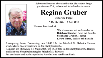 Traueranzeige von Regina Gruber von Mittelbayerische Zeitung Regensburg