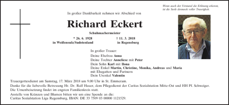  Traueranzeige für Richard Eckert vom 14.03.2018 aus Mittelbayerische Zeitung Regensburg