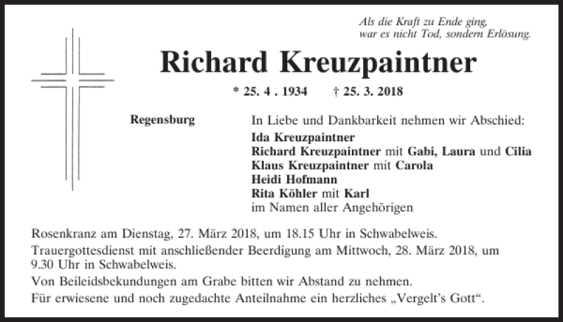  Traueranzeige für Richard Kreuzpaintner vom 27.03.2018 aus Mittelbayerische Zeitung Regensburg