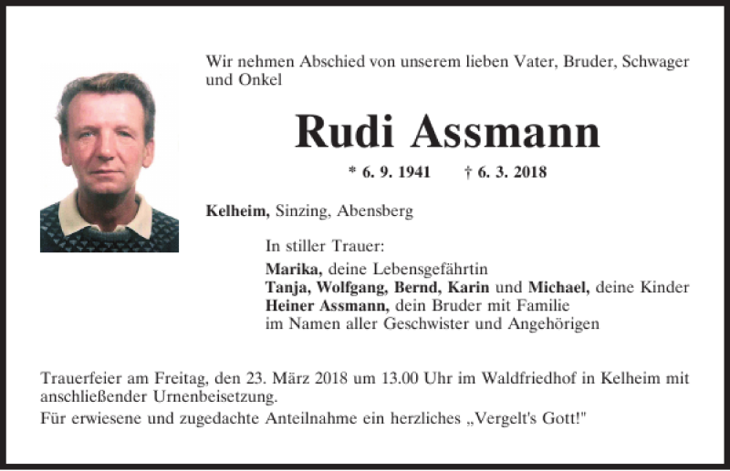  Traueranzeige für Rudi Assmann vom 20.03.2018 aus Mittelbayerische Zeitung Kelheim