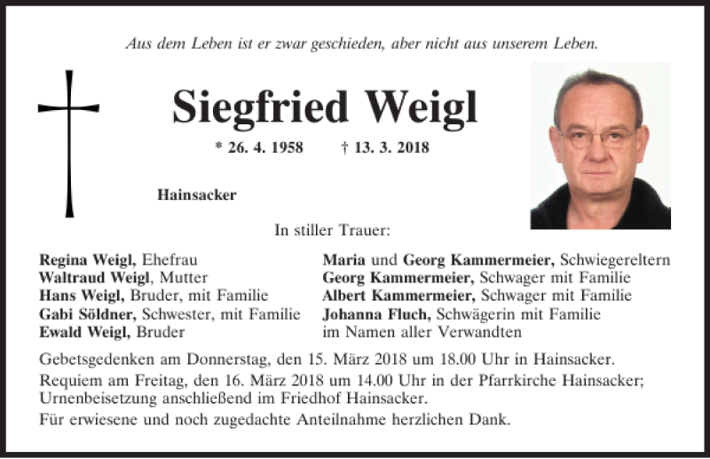  Traueranzeige für Siegfried Weigl vom 14.03.2018 aus Mittelbayerische Zeitung Regensburg