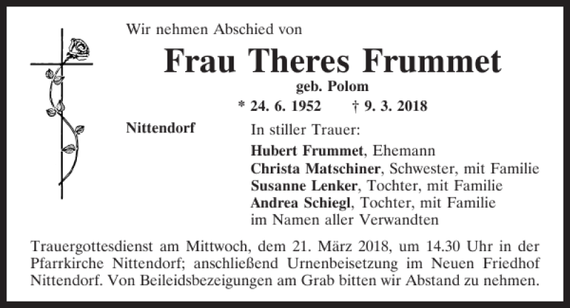  Traueranzeige für Theres Frummet vom 19.03.2018 aus Mittelbayerische Zeitung Regensburg