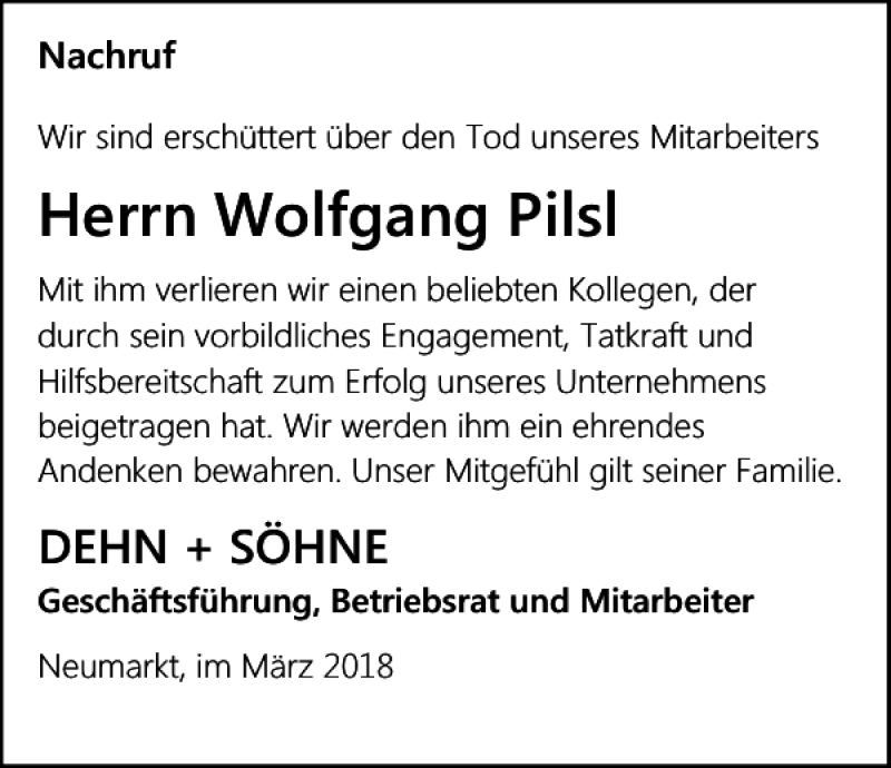  Traueranzeige für Wolfgang Pilsl vom 10.03.2018 aus Mittelbayerische Zeitung Regensburg