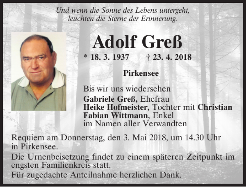  Traueranzeige für Adolf Greß vom 30.04.2018 aus Mittelbayerische Zeitung Schwandorf