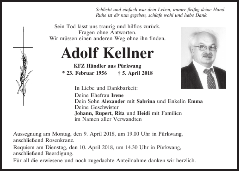  Traueranzeige für Adolf Kellner vom 07.04.2018 aus Mittelbayerische Zeitung Kelheim