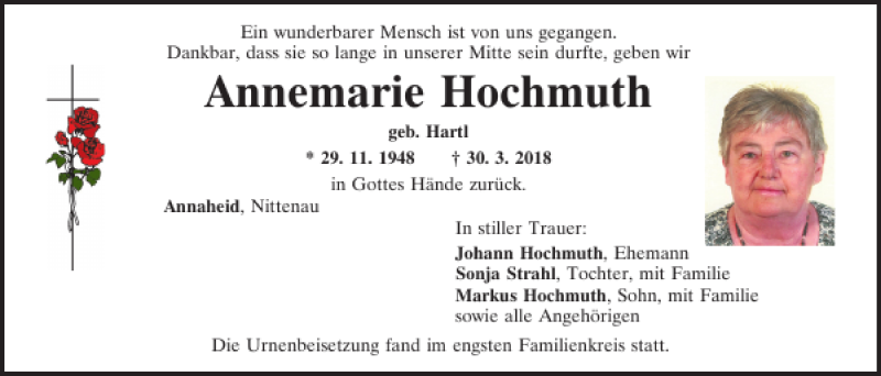  Traueranzeige für Annemarie Hochmuth vom 09.04.2018 aus Mittelbayerische Zeitung Schwandorf