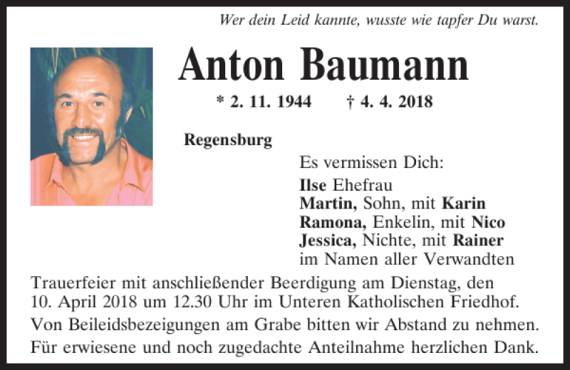  Traueranzeige für Anton Baumann vom 07.04.2018 aus Mittelbayerische Zeitung Regensburg