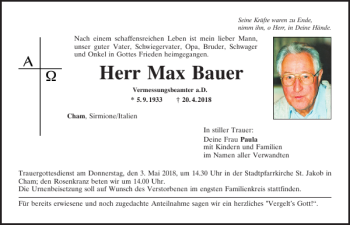 Traueranzeige von Cham Max Bauer von Bayerwald Echo