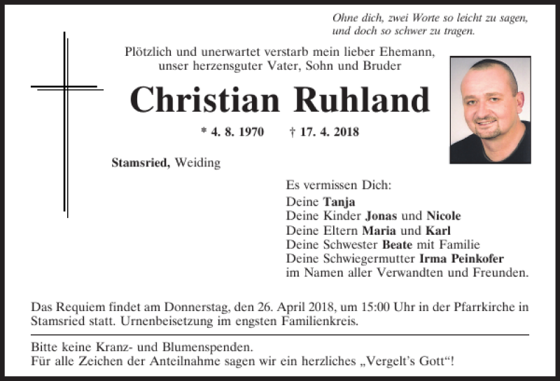  Traueranzeige für Christian Ruhland vom 24.04.2018 aus Bayerwald Echo