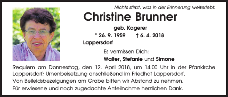  Traueranzeige für Christine Brunner vom 09.04.2018 aus Mittelbayerische Zeitung Regensburg