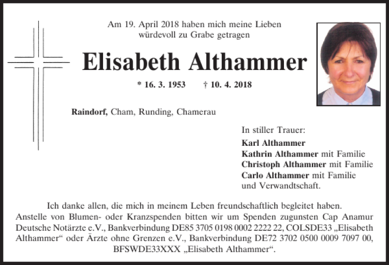  Traueranzeige für Elisabeth Althammer vom 21.04.2018 aus Bayerwald Echo