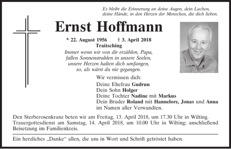  Traueranzeige für Ernst Hoffmann vom 12.04.2018 aus Bayerwald Echo