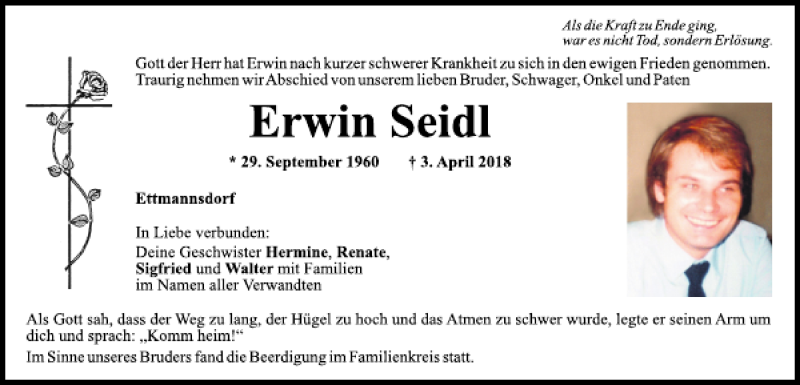  Traueranzeige für Erwin Seidl vom 07.04.2018 aus Mittelbayerische Zeitung Schwandorf