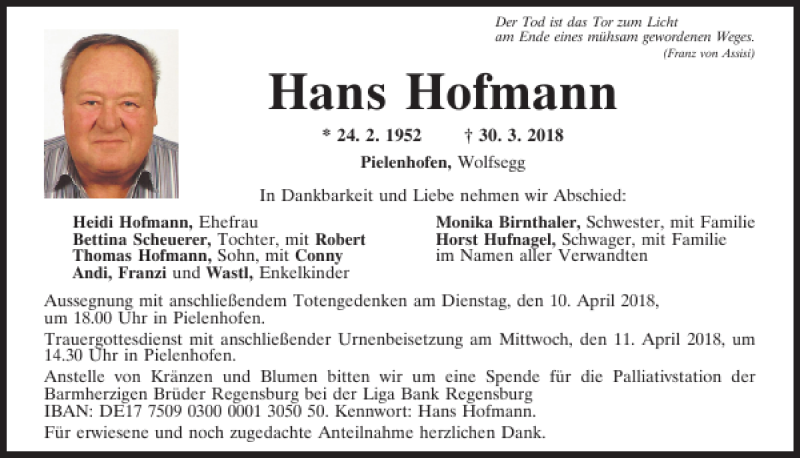  Traueranzeige für Hans Hofmann vom 07.04.2018 aus Mittelbayerische Zeitung Regensburg