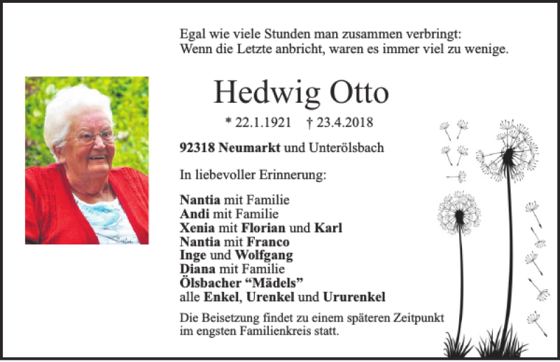  Traueranzeige für Hedwig Otto vom 25.04.2018 aus Neumarkter Tagblatt