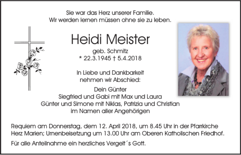  Traueranzeige für Heidi Meister vom 10.04.2018 aus Mittelbayerische Zeitung Regensburg