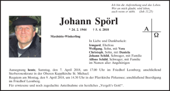 Traueranzeige von Johann Spörl von Mittelbayerische Zeitung Schwandorf