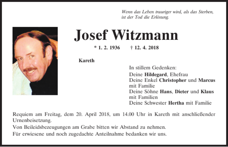  Traueranzeige für Josef Witzmann vom 18.04.2018 aus Mittelbayerische Zeitung Regensburg