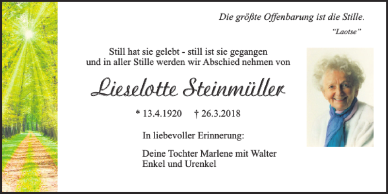  Traueranzeige für Lieselotte Steinmüller vom 07.04.2018 aus Neumarkter Tagblatt