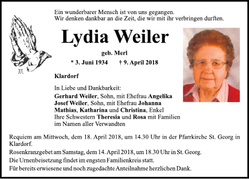  Traueranzeige für Lydia Weiler vom 13.04.2018 aus Mittelbayerische Zeitung Schwandorf