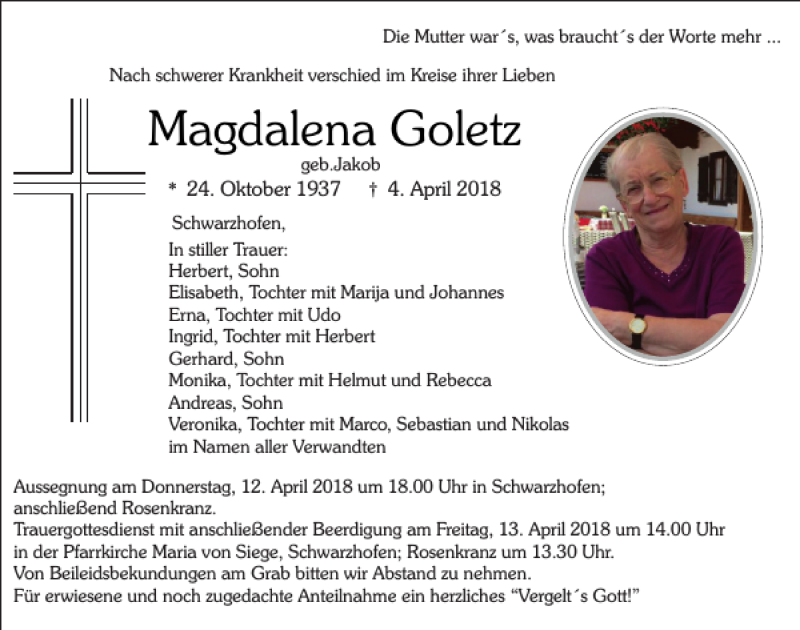 Traueranzeigen von Magdalena Goletz | Mittelbayerische Trauer